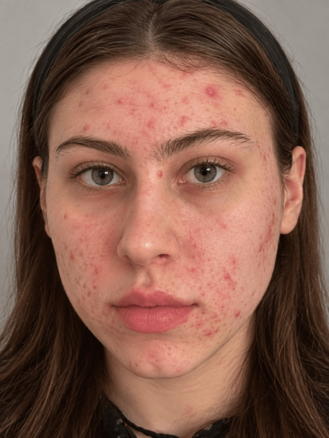 Visage avant le protocole, avec imperfections et rougeurs visibles.